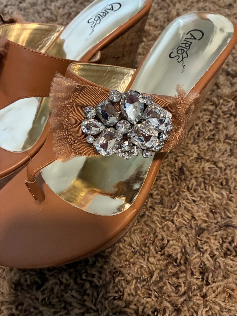 Carlos by Carlos Santana Camel/Tan Jeweled Thong Slide Sandals